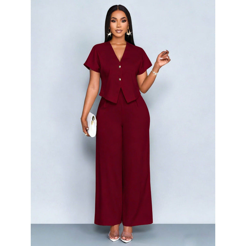 Ensemble cardigan á manches courtes et col en V asymétrique et pantalon droit á jambes largrs