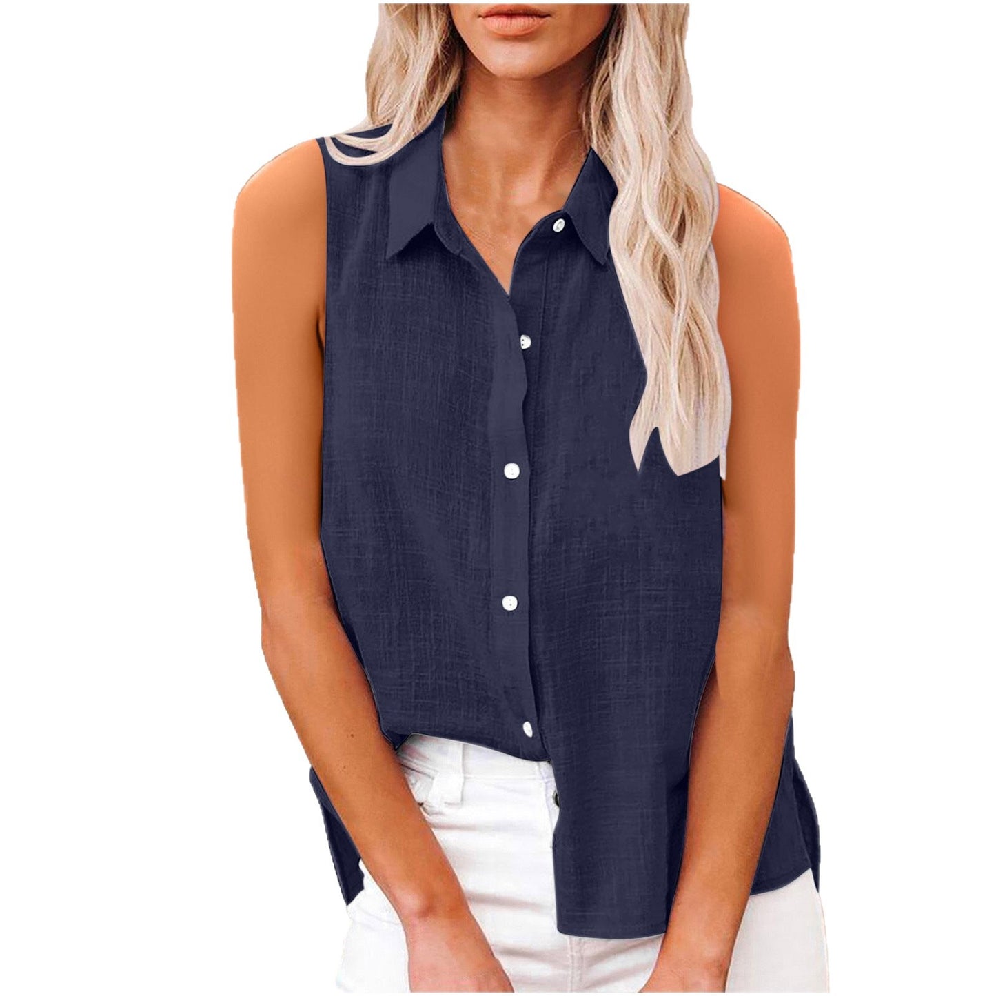 Chemise femme sans manches en coton et lin, boutonnée,style élégant et léger