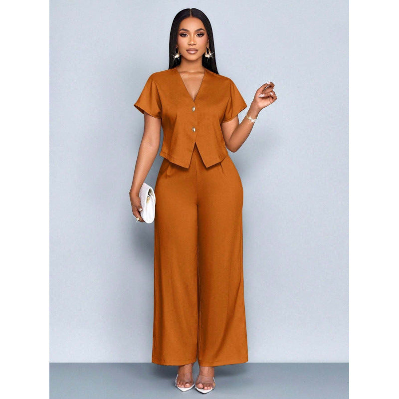 Ensemble cardigan á manches courtes et col en V asymétrique et pantalon droit á jambes largrs
