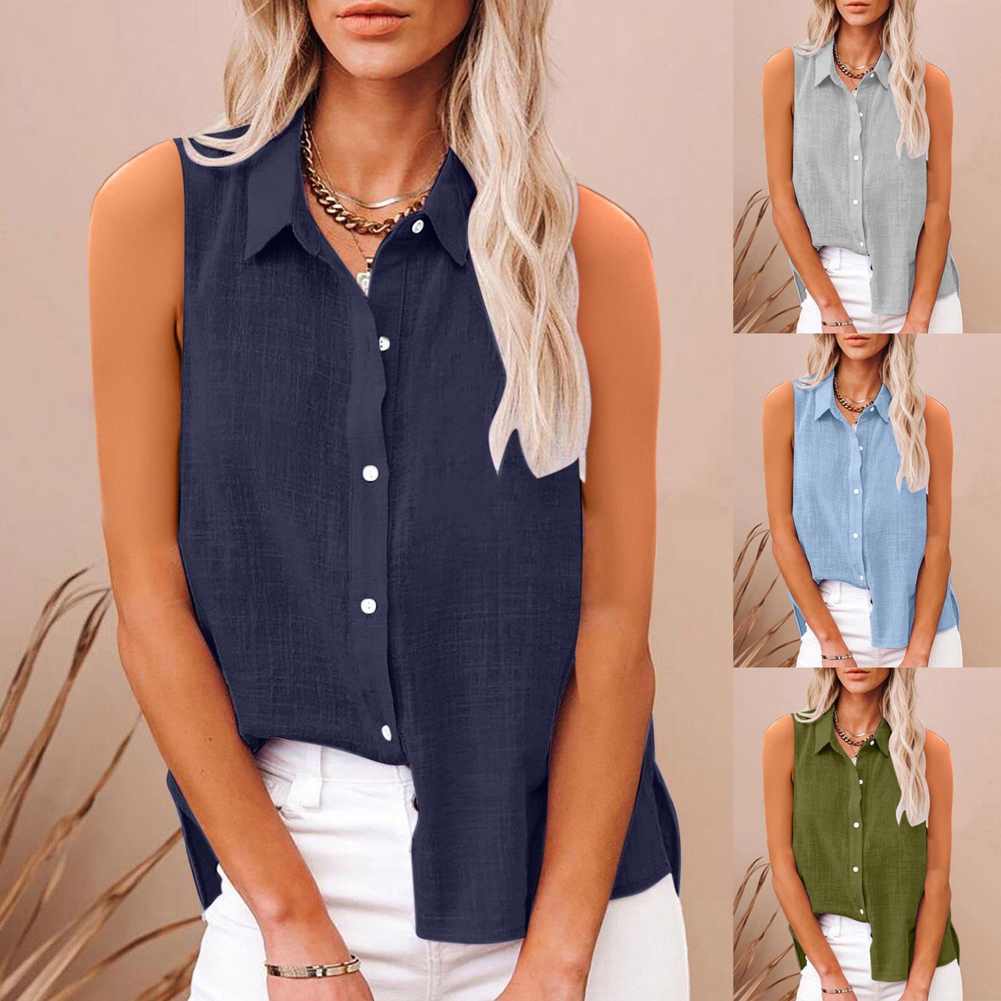Chemise femme sans manches en coton et lin, boutonnée,style élégant et léger