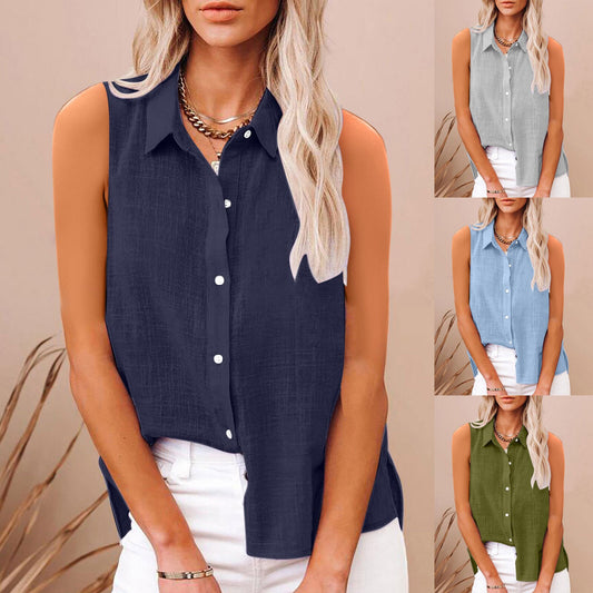 Chemise femme sans manches en coton et lin, boutonnée,style élégant et léger