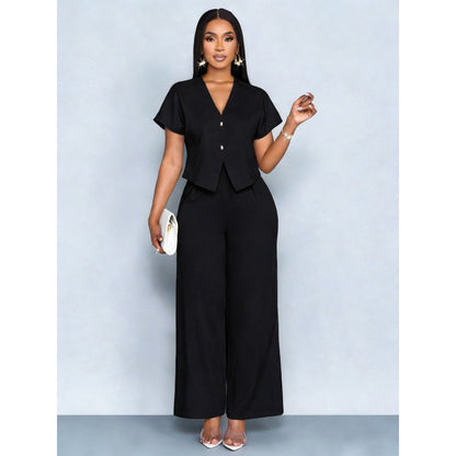 Ensemble cardigan á manches courtes et col en V asymétrique et pantalon droit á jambes largrs