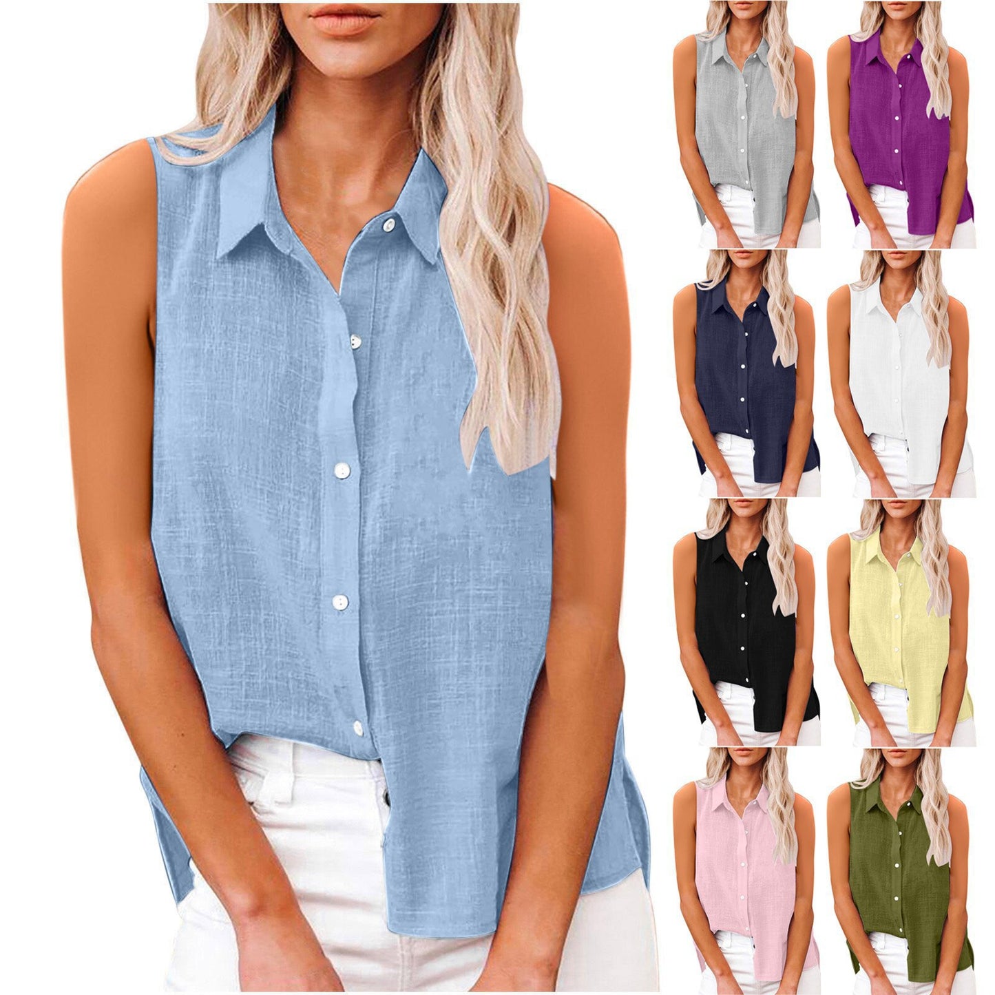 Chemise femme sans manches en coton et lin, boutonnée,style élégant et léger