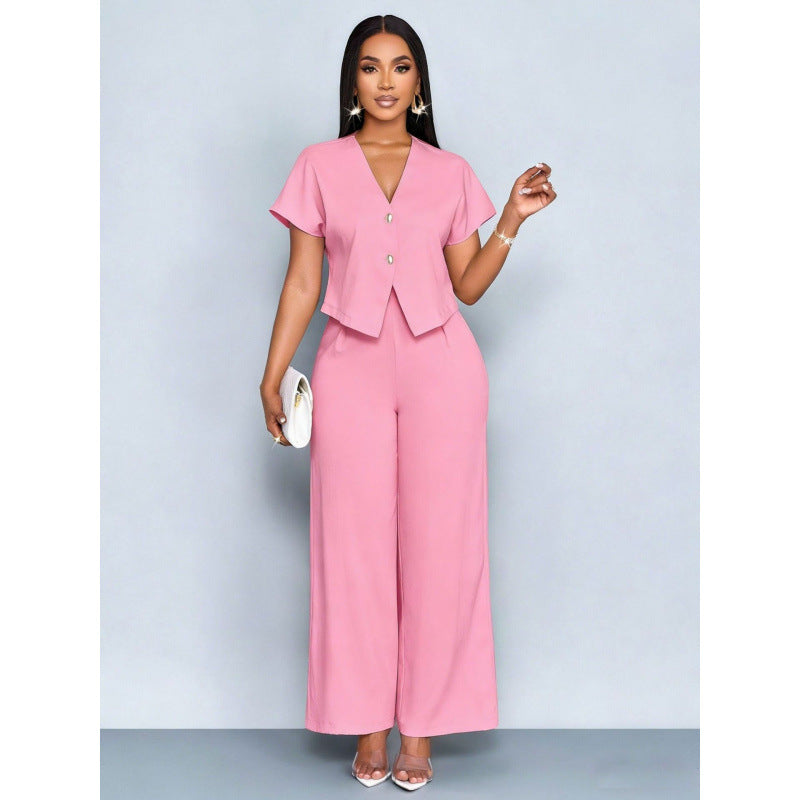 Ensemble cardigan á manches courtes et col en V asymétrique et pantalon droit á jambes largrs