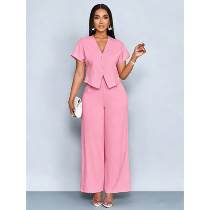 Ensemble cardigan á manches courtes et col en V asymétrique et pantalon droit á jambes largrs