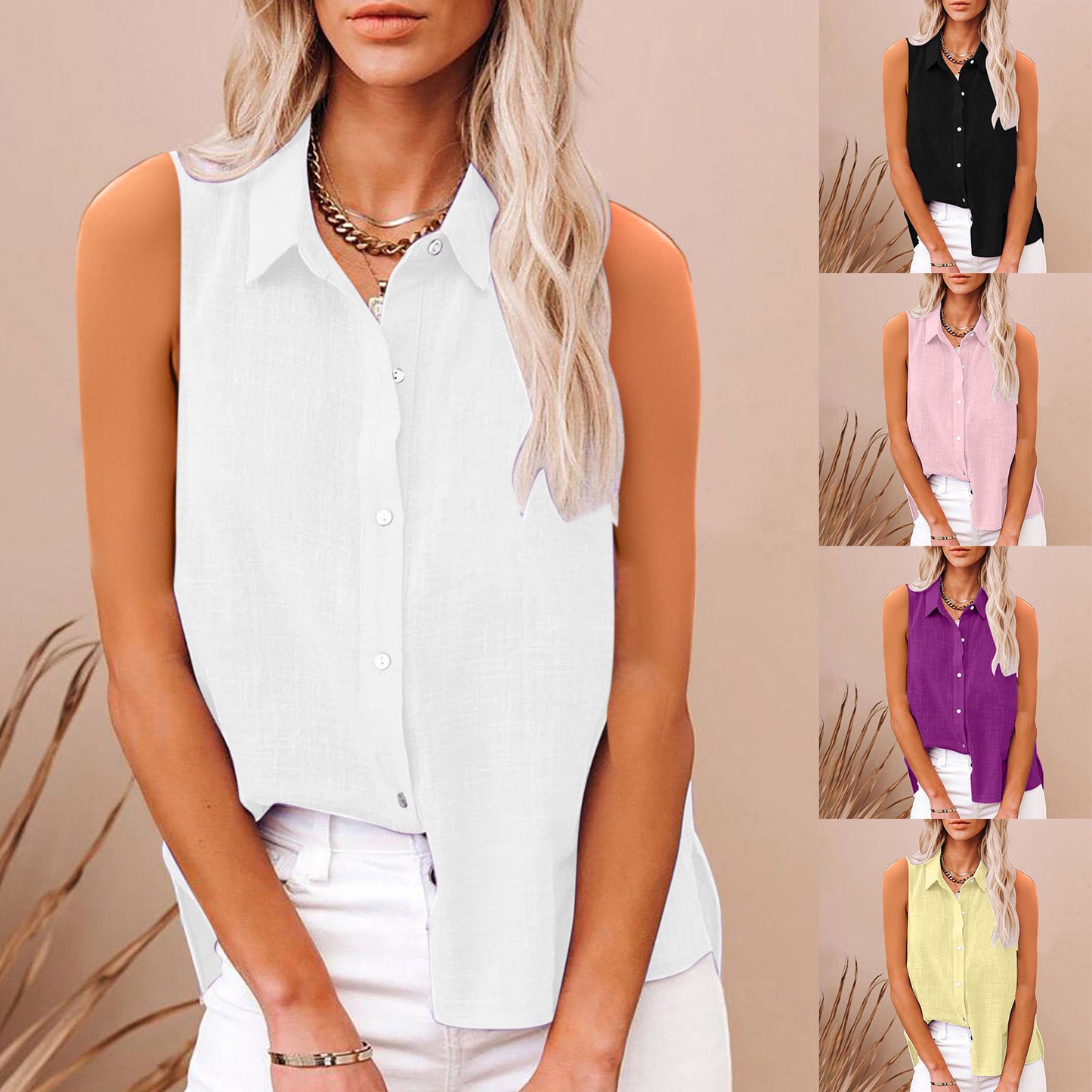 Chemise femme sans manches en coton et lin, boutonnée,style élégant et léger