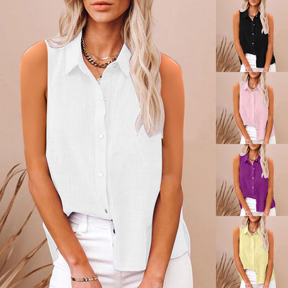 Chemise femme sans manches en coton et lin, boutonnée,style élégant et léger