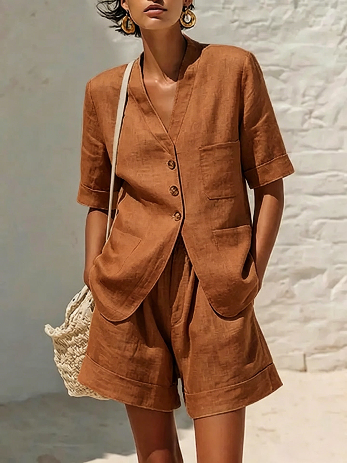 Ensemble deux pièces ample en coton et lin