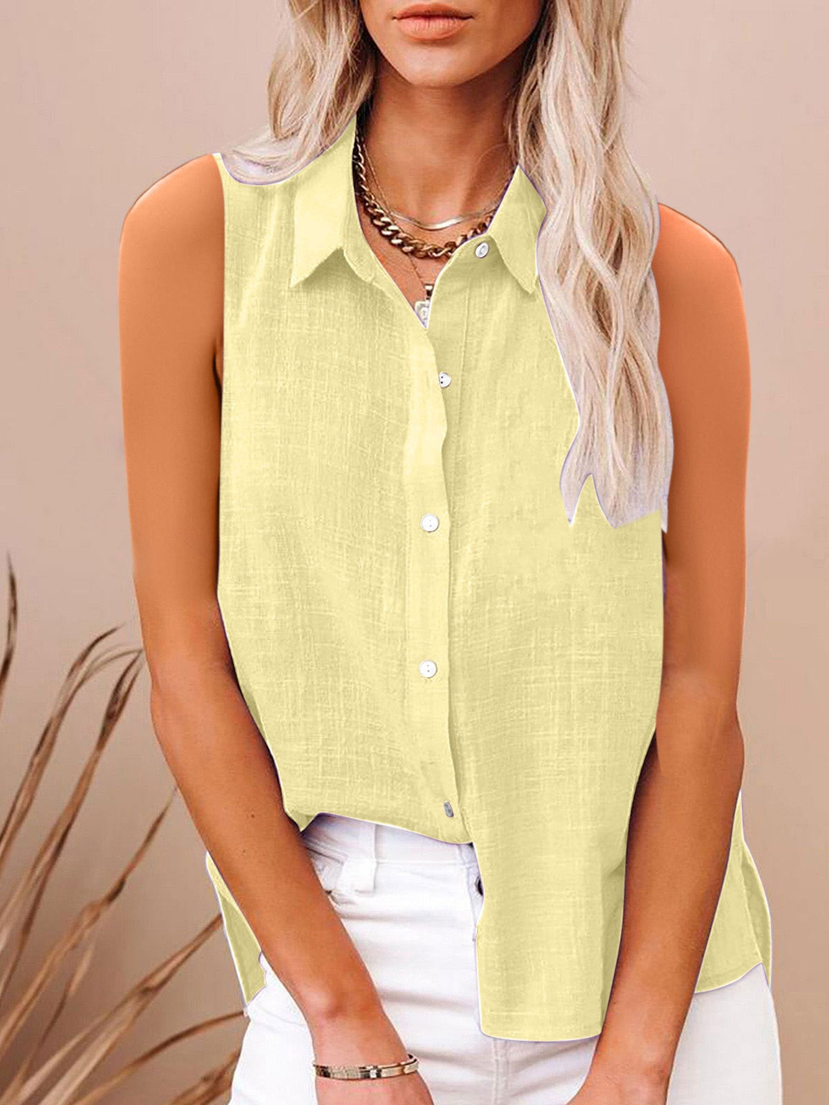 Chemise femme sans manches en coton et lin, boutonnée,style élégant et léger