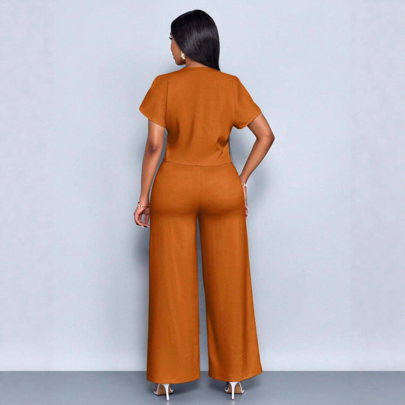 Ensemble cardigan á manches courtes et col en V asymétrique et pantalon droit á jambes largrs