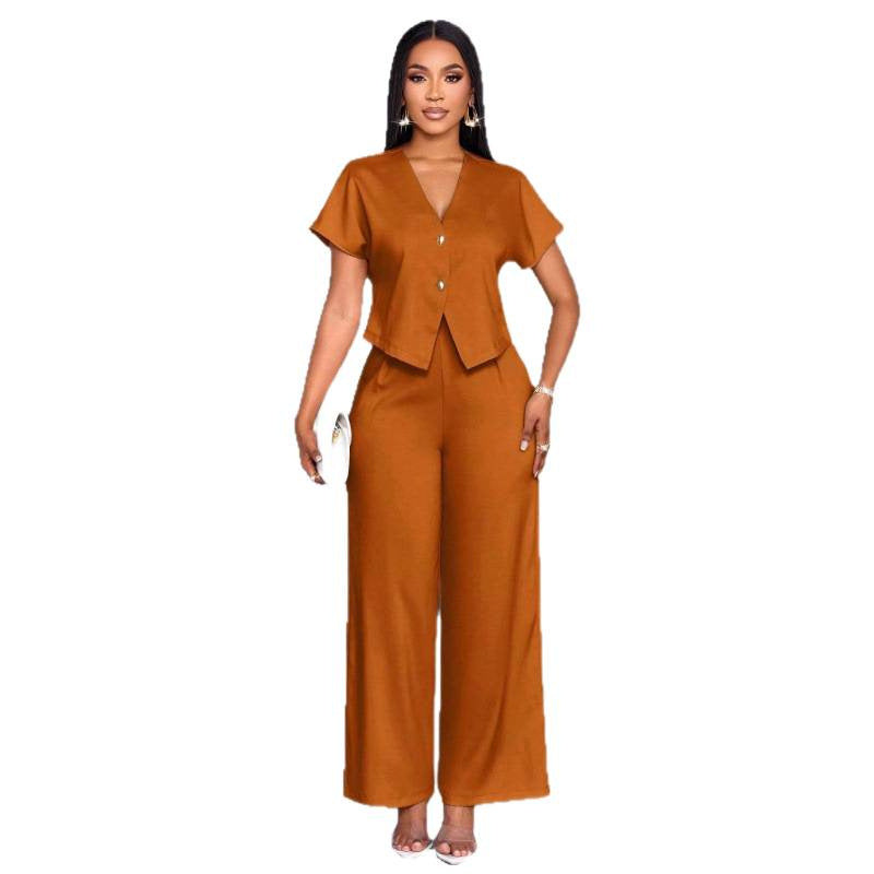 Ensemble cardigan á manches courtes et col en V asymétrique et pantalon droit á jambes largrs