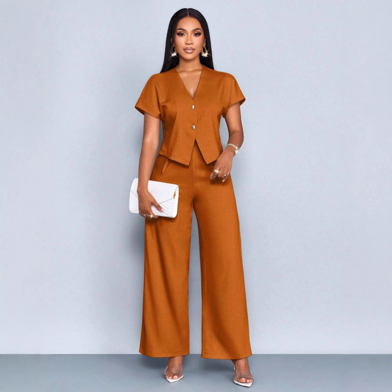 Ensemble cardigan á manches courtes et col en V asymétrique et pantalon droit á jambes largrs