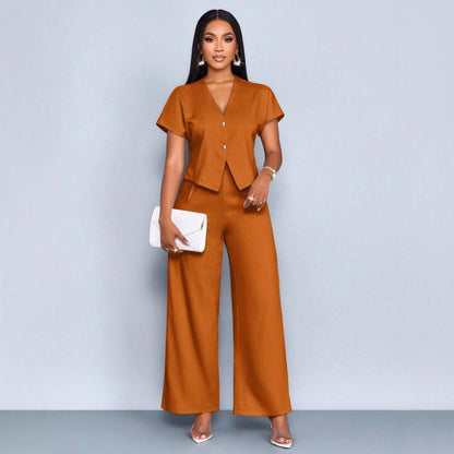 Ensemble cardigan á manches courtes et col en V asymétrique et pantalon droit á jambes largrs