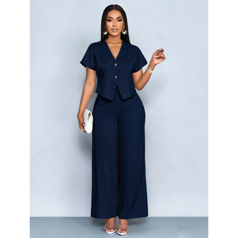 Ensemble cardigan á manches courtes et col en V asymétrique et pantalon droit á jambes largrs