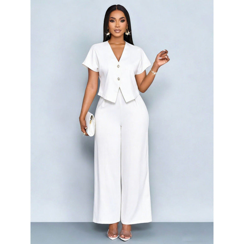 Ensemble cardigan á manches courtes et col en V asymétrique et pantalon droit á jambes largrs