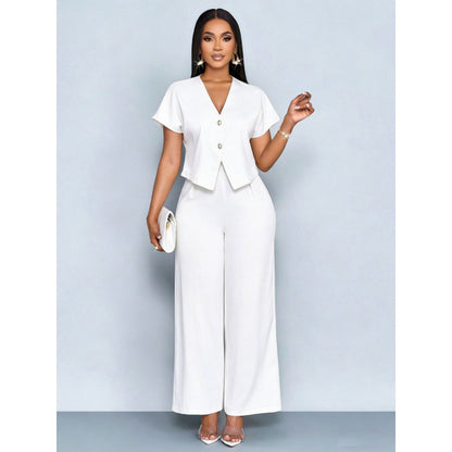 Ensemble cardigan á manches courtes et col en V asymétrique et pantalon droit á jambes largrs