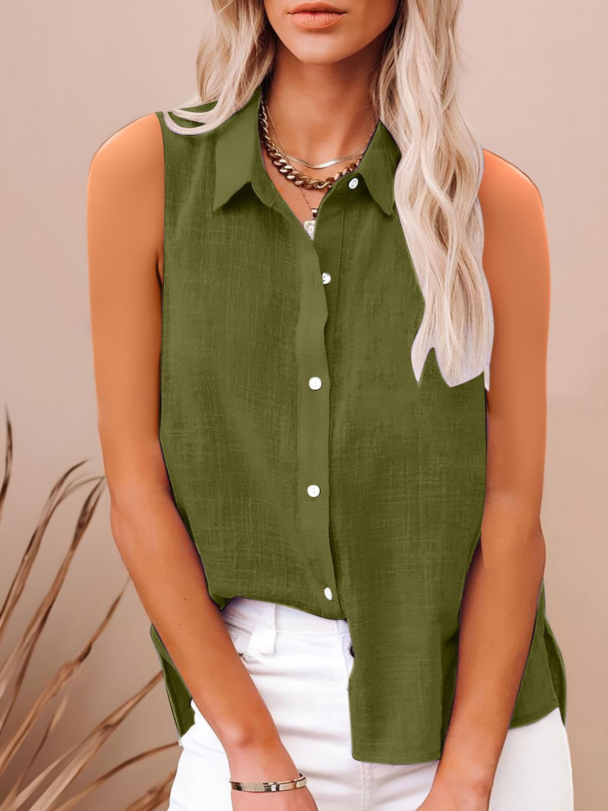 Chemise femme sans manches en coton et lin, boutonnée,style élégant et léger