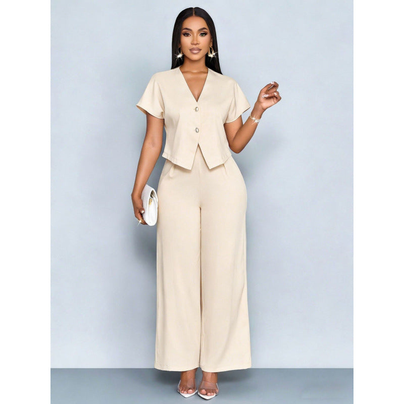 Ensemble cardigan á manches courtes et col en V asymétrique et pantalon droit á jambes largrs