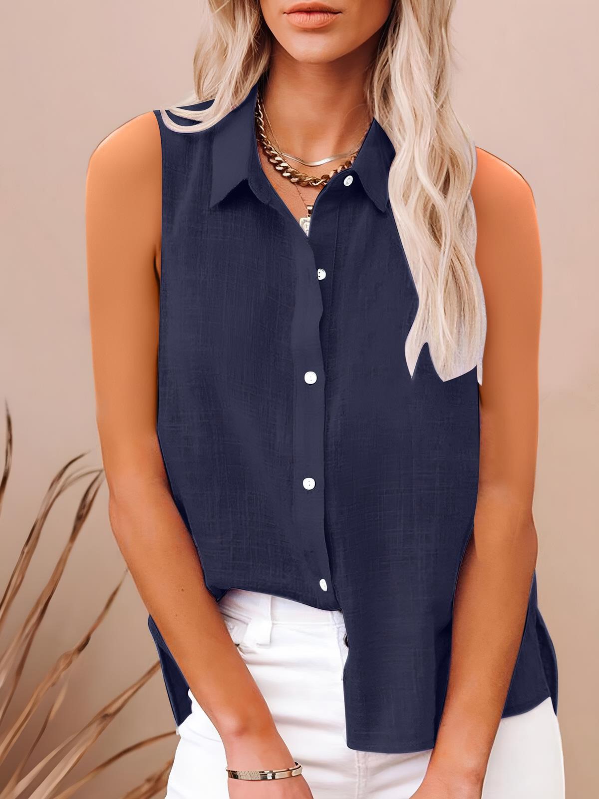 Chemise femme sans manches en coton et lin, boutonnée,style élégant et léger