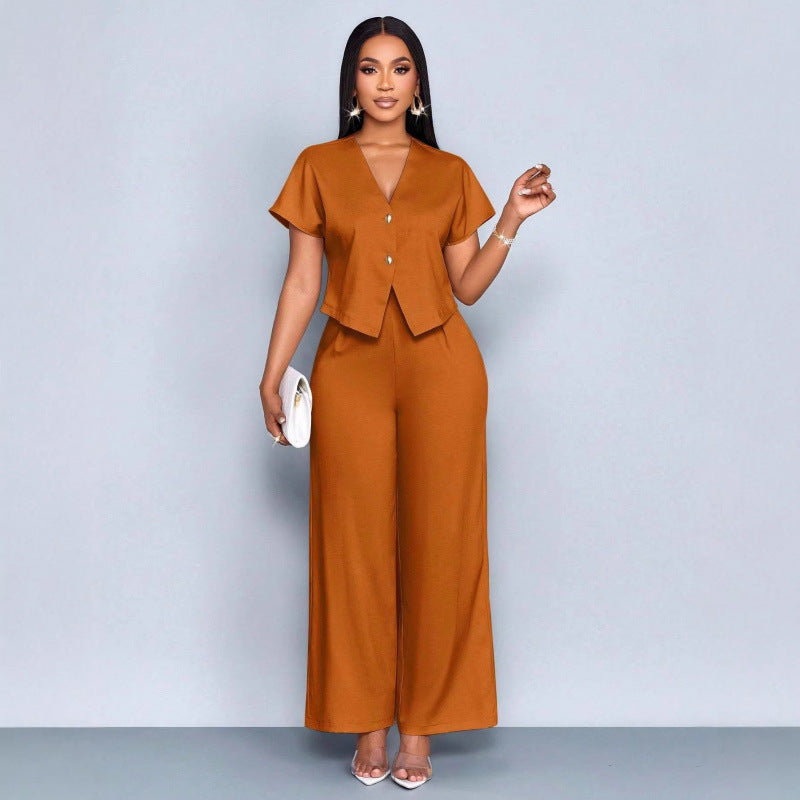 Ensemble cardigan á manches courtes et col en V asymétrique et pantalon droit á jambes largrs