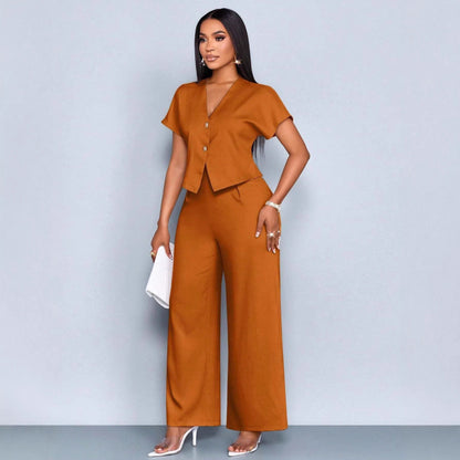 Ensemble cardigan á manches courtes et col en V asymétrique et pantalon droit á jambes largrs